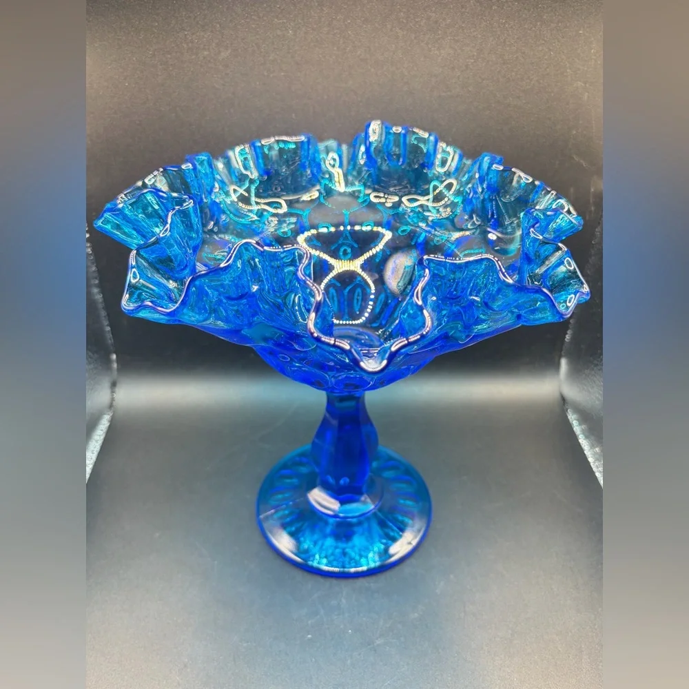 Vintage Fenton Blue Ruffle Thumbprint Glass Pedestal Candy Dish Compote Tazza